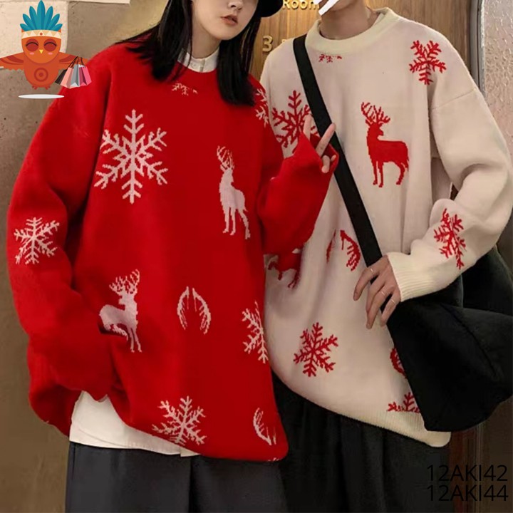 Áo len họa tiết bông tuyết và tuần lộc 3 màu đỏ, kem, đen THOCA HOUSE phong cách Hàn Quốc, phù hợp đi chơi, đi du lịch