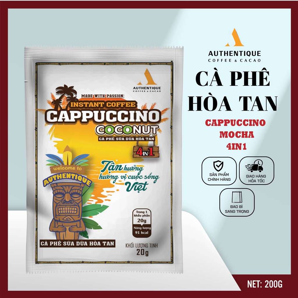 [GÓI LẺ] Cà phê pha sẵn hòa tan vị sữa dừa 4in1 20G - Cappuccino Coconut | Authentique Instant Coffee