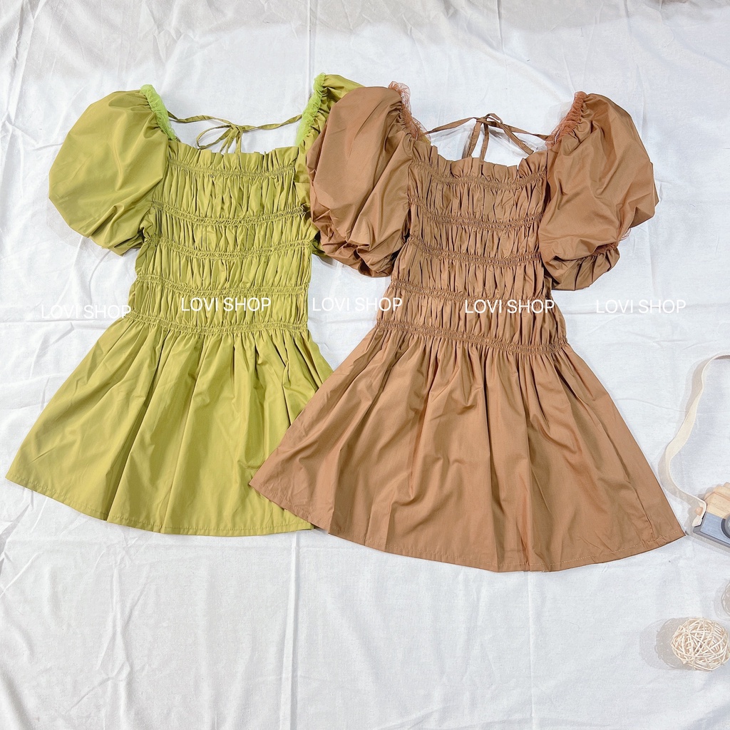 LOVI SHOP- Áo kiểu nữ ngắn tay nhún ngực bẹt vai tay phồng cổ vuông