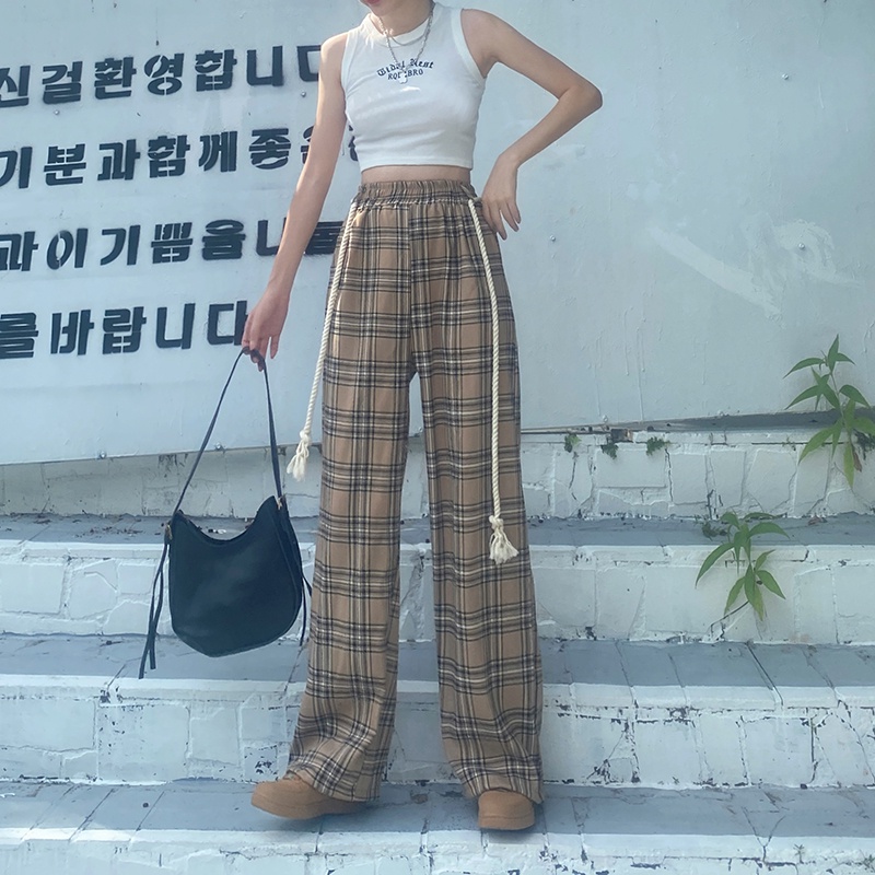 Quần dài SUXI lưng cao ống rộng họa tiết sọc caro phong cách vintage thời trang cho nữ