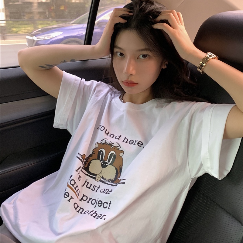 NRVP Áo Thun Nữ Ngắn Tay In Chữ Phong Cách Hàn Quốc