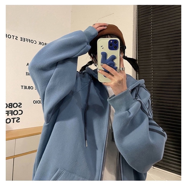 Áo khoác hoodie zip kẻ sọc form rộng mũ 2 lớp