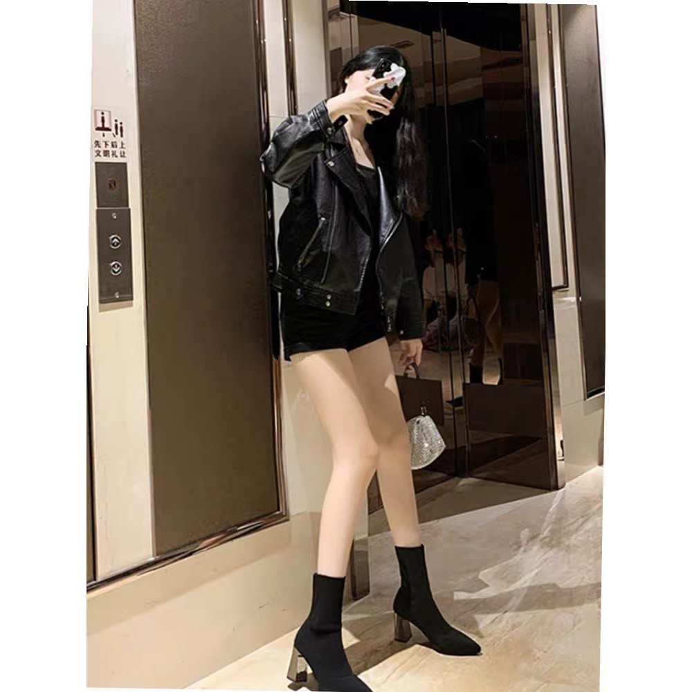 Giày bốt len nữ gót tráng gương, Boot len nữ cổ cao lửng gót trụ bạc tráng gương cao 7 phân hàng Quảng Châu | BigBuy360 - bigbuy360.vn