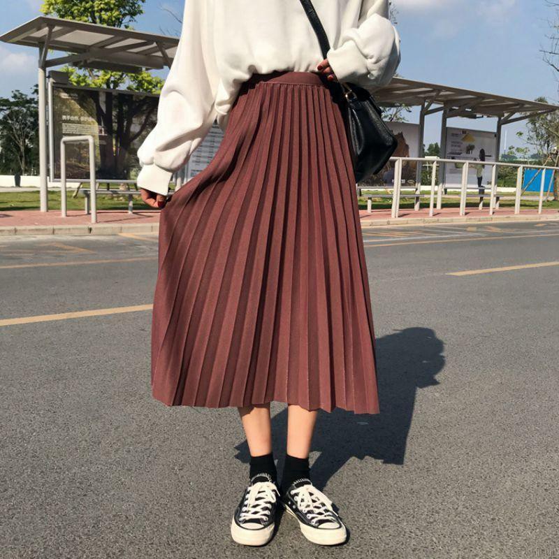 ✨ in2it ღ Women Elastic High Waist Pleated Wild Long Paragraph Skirt | WebRaoVat - webraovat.net.vn