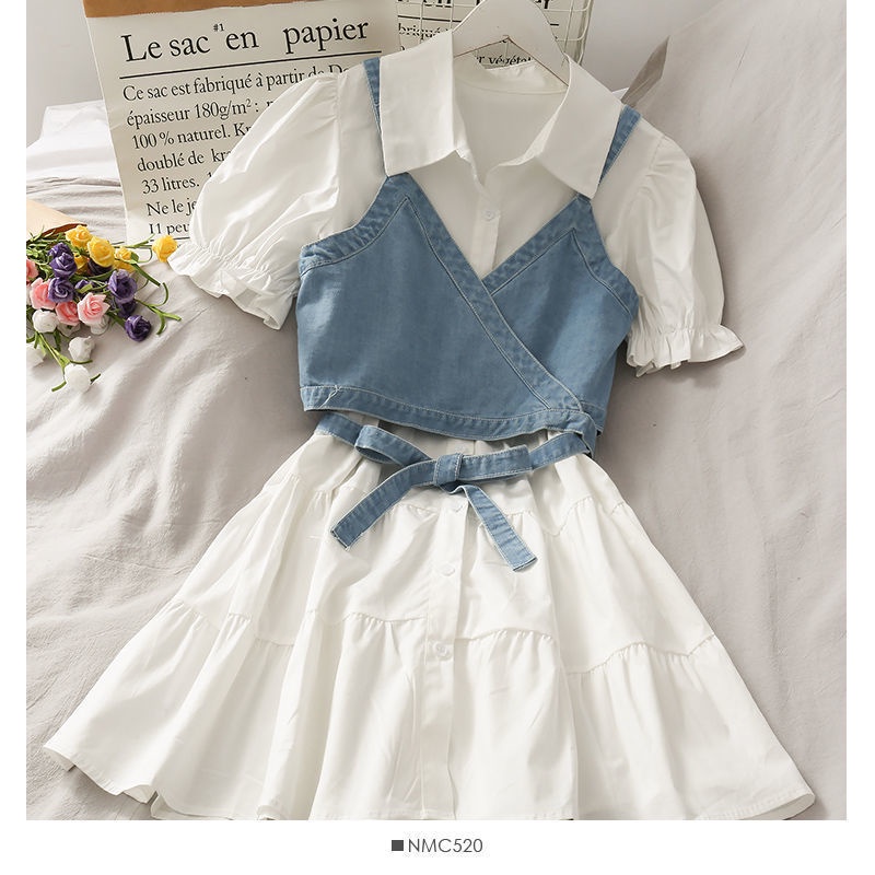 Set Áo Sơ Mi Tay Phồng Cổ Bẻ Phối Đầm Yếm Denim Hai Dây Thắt Nơ Phong Cách Hàn Quốc Thời Trang Mùa Hè Hàng Mới