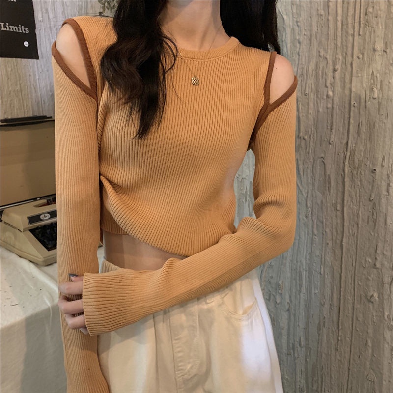 Áo sweater nữ Perty hở vai phối màu thời trang mới Hàn Quốc
