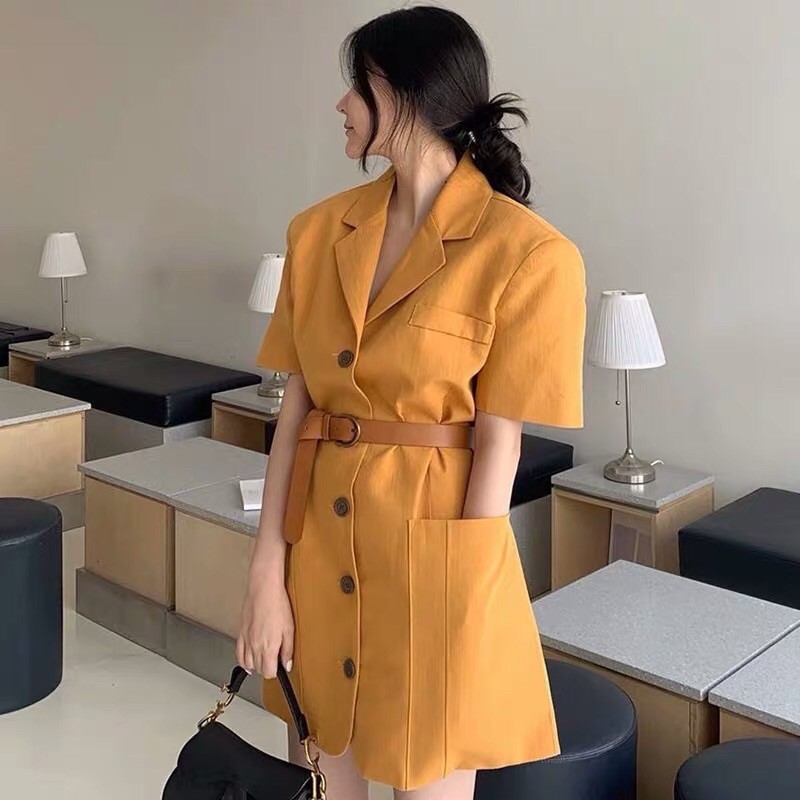 Đầm đũi cổ vest Quảng Châu kèm belt - Đầm cổ vest màu cam chất mát mặc hè