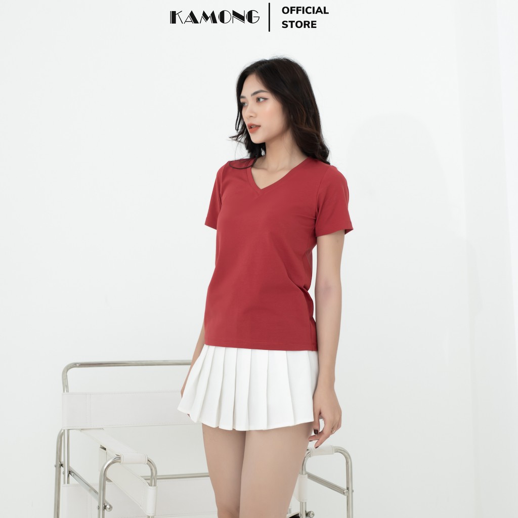 Áo thun nữ cổ tim tay ngắn KAMONG vải cotton 100% cao cấp