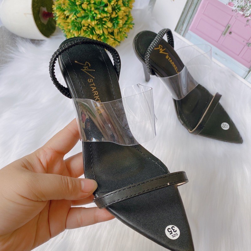 [Rẻ vô địch] Giày sandal quai mảnh phối trong gót nhọn 9p mũi nhọn hot hit 2 màu đen,nude