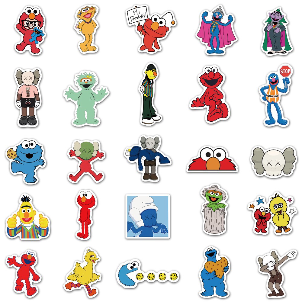 Set 100 miếng dán chống thấm nước họa tiết hoạt hình Sesame Street × Kaws dễ thương