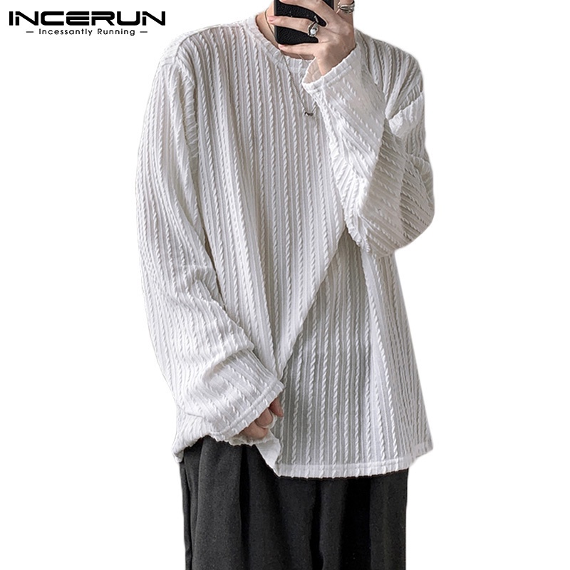 Áo phông nam INCERUN cổ tròn màu trơn tay dài mỏng thời trang 3 màu tuỳ chọn