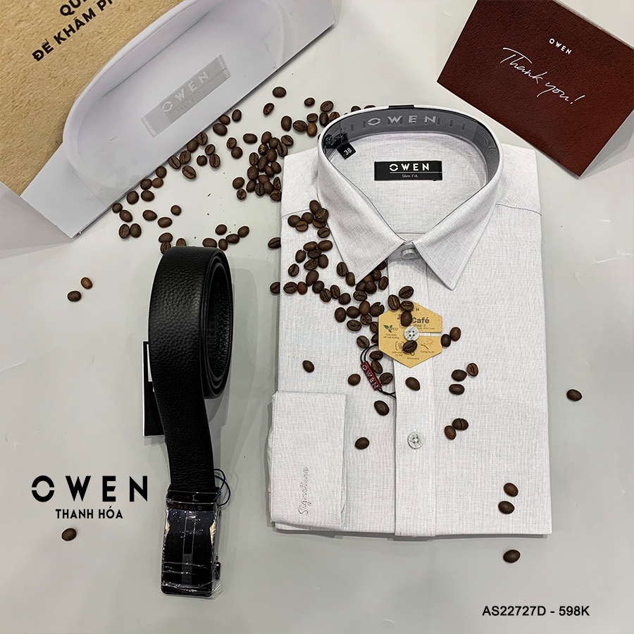 Áo Sơ Mi Nam Dài Tay Owen AS22727DT Somi Công Sở Cao Cấp Màu Xám Nhạt Chất Sợi Cafe Mềm Mát Khử Mùi Dáng Ôm Không Túi