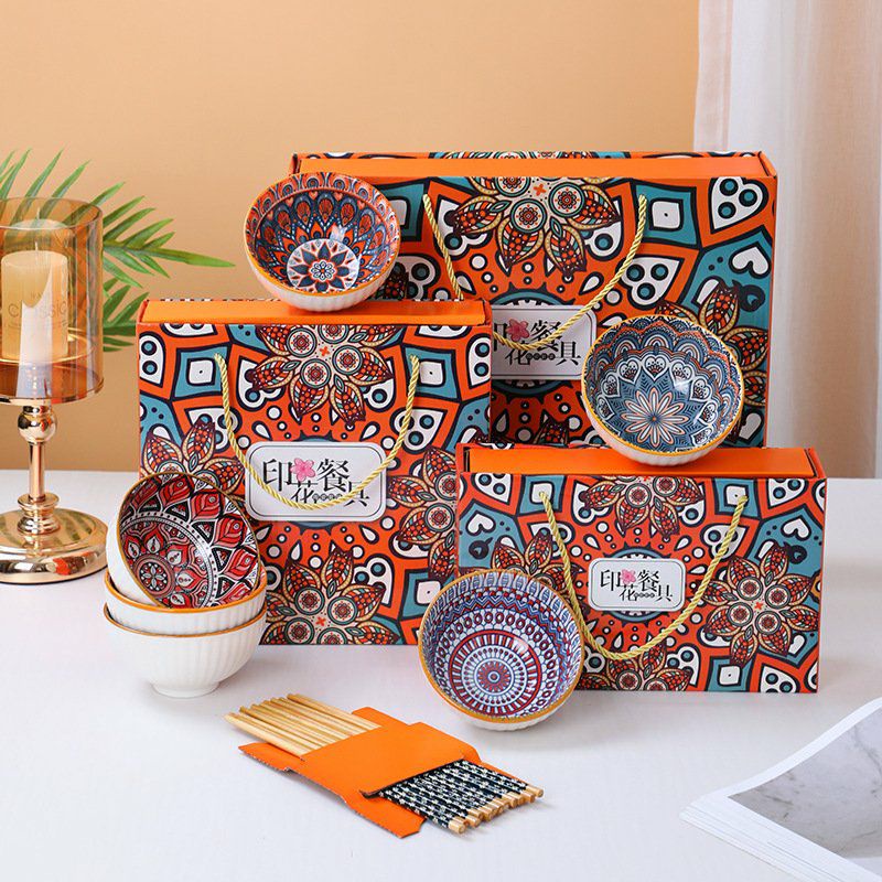 Bộ 6 chén/bát sứ và 6 đôi đũa ăn cơm cao cấp, họa tiết thổ cẩm độc đáo