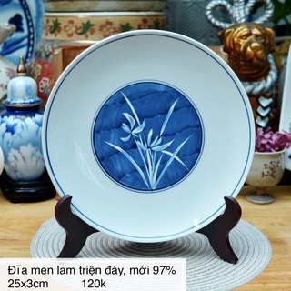 Dĩa sứ men lam vẽ hoa diên vỹ - gốm sứ nhật bản