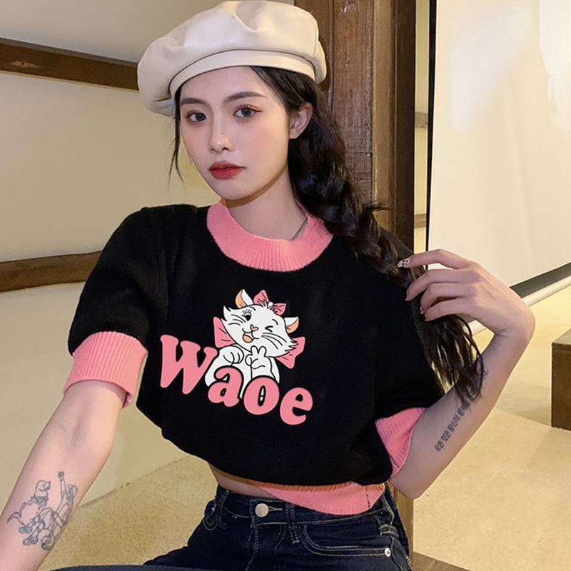 Áo Thun Crop Top Dệt Kim Tay Ngắn In Họa Tiết Mèo Hoạt Hình Đính Nơ Phong Cách Harajuku Cho Nữ
