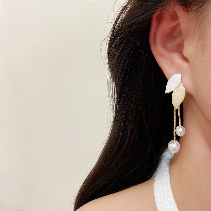 Bông Tai Dáng Dài Đính Lá Và Ngọc Trai Đơn Giản Phong Cách Hàn Quốc
