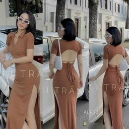 Đầm cổ bẻ tay ngắn ôm body xẻ tà hở lưng cột dây cực xinh , chất thun gân mềm mịn co giãn