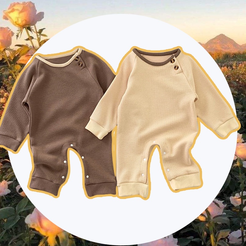 Bộ Áo Liền Quần Tay Dài Màu Trơn Bằng Vải Cotton Mềm Phối Nút Resin Dành Cho Bé Trai Bé Gái