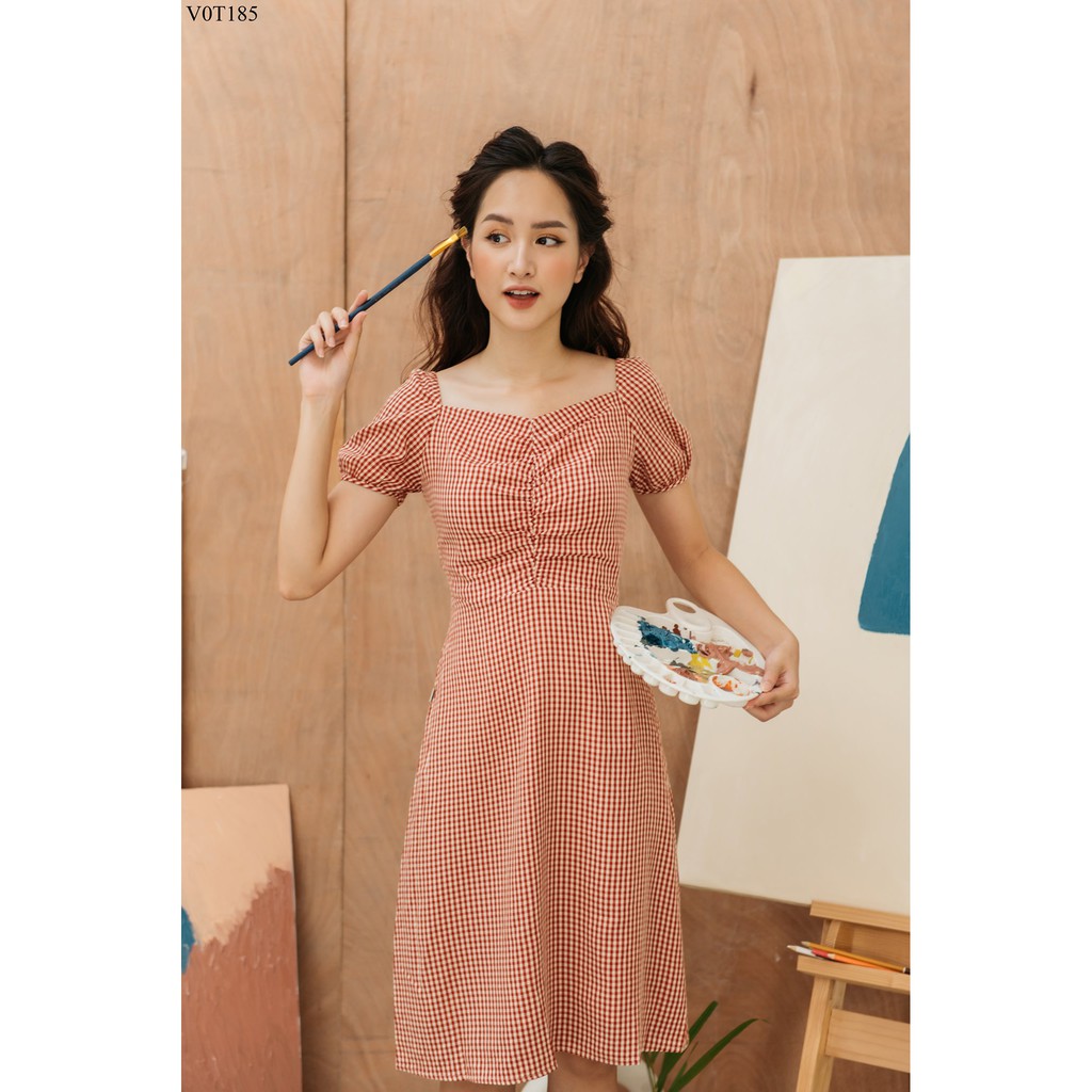 Váy caro đỏ cổ vuông TIIN STORE chất thô mềm V0T185 | BigBuy360 - bigbuy360.vn