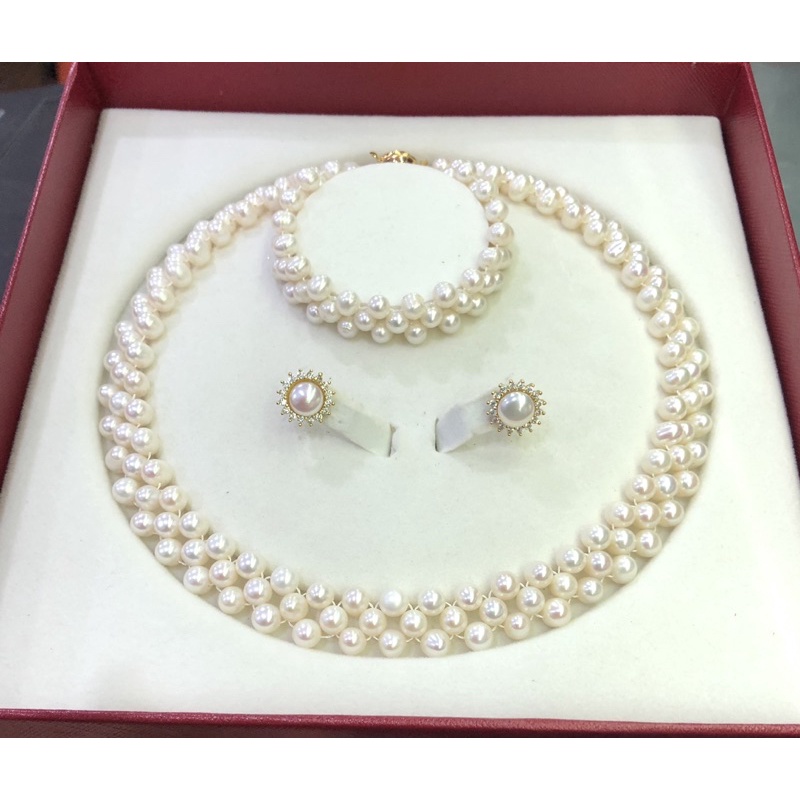 Bộ Trang Sức Hạt 6ly Đan 3 Món Màu Trắng Đi Dự Tiệc, Làm Quà Tặng Cho Bà, Mẹ NTTT39 - Ngọc Trai Trường Thịnh