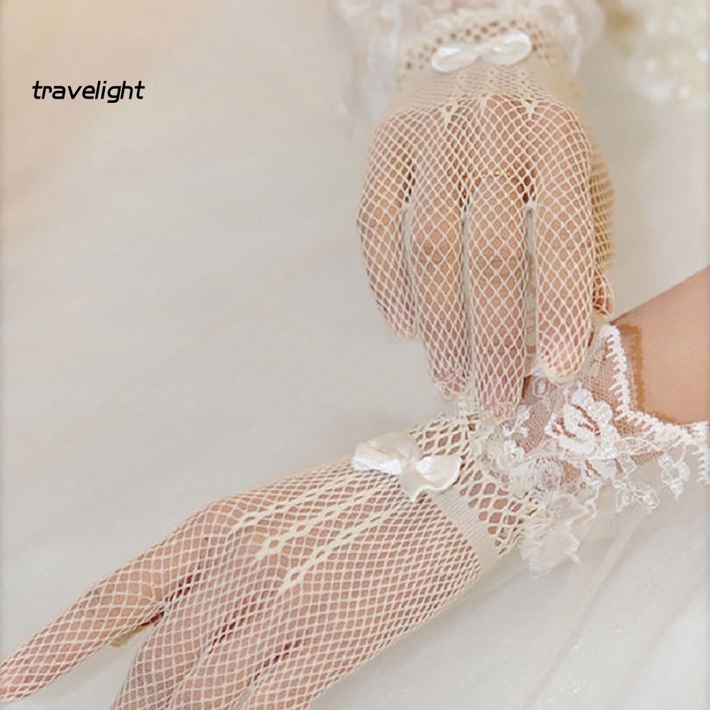 Găng Tay Ren Lưới Đính Nơ Toàn Diện Cho Cô Dâu Ngày Cưới