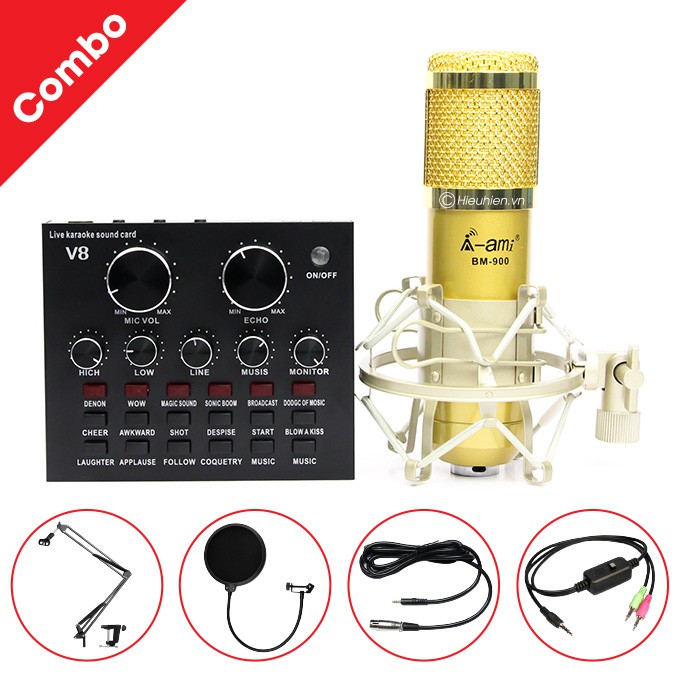 combo bộ míc thu âm livestream micro AMI BM-900 V8 BLUETHOOTH có auto tune phiên bản tiếng anh nhé