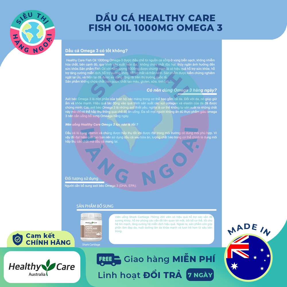 Dầu cá Fish Oil Healthy Care Omega3 1000mg Hộp 400 viên của Úc