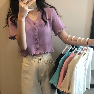 Áo len dệt kim nữ croptop cổ chữ V ngắn tay cài cúc cuốn bèo tay gấu đẹp dễ thương xinh xắn trẻ trung