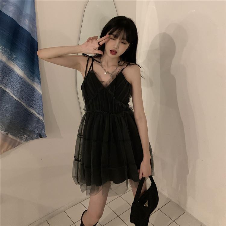 Đầm Công Chúa Hai Dây Dáng Chữ A Màu Đen Phối Lưới Phong Cách Hàn Quốc Thời Trang Mùa Hè Cho Bạn Gái