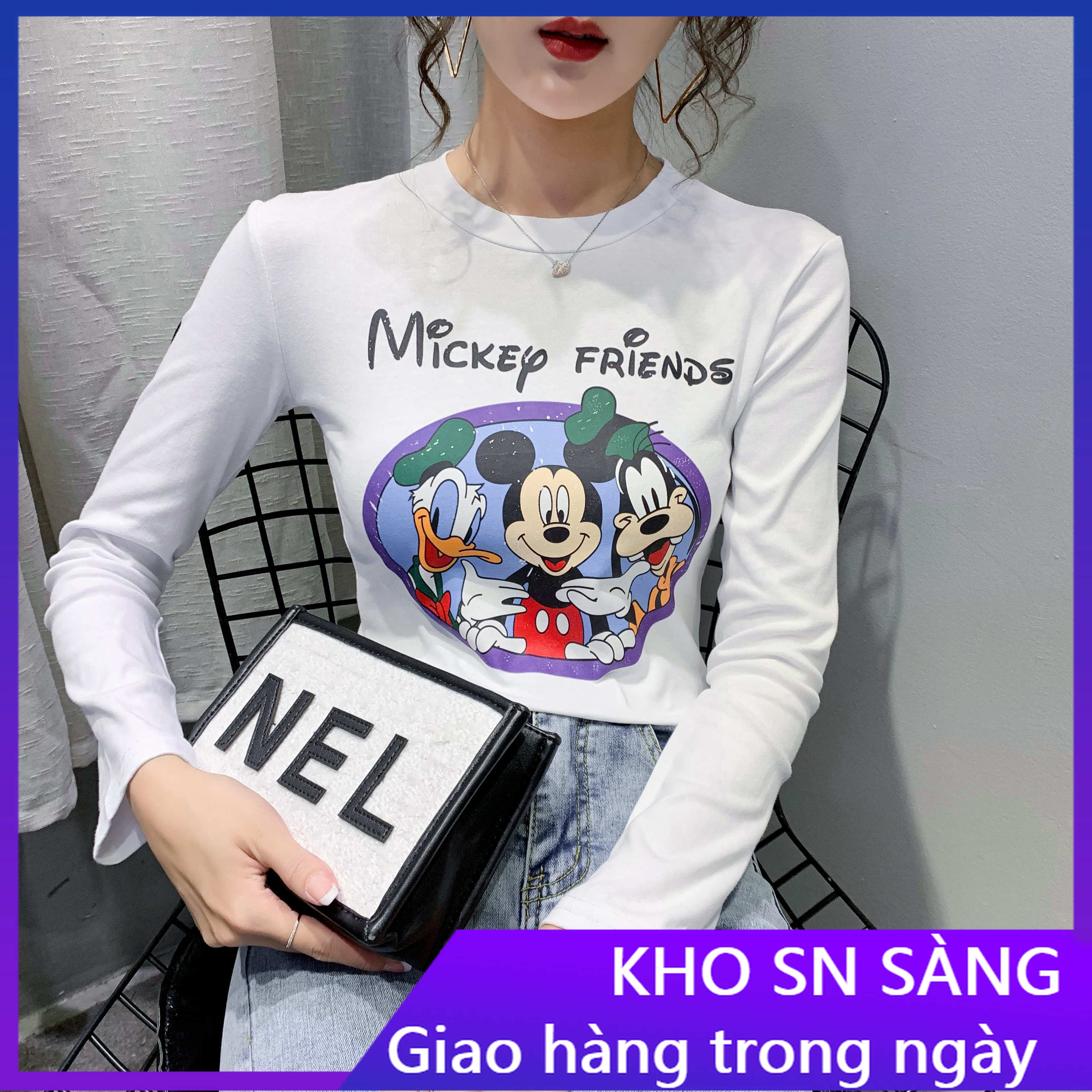 Áo Thun Cotton Tay Dài Dáng Ôm In Hình Chuột Mickey Đáng Yêu Cho Nữ