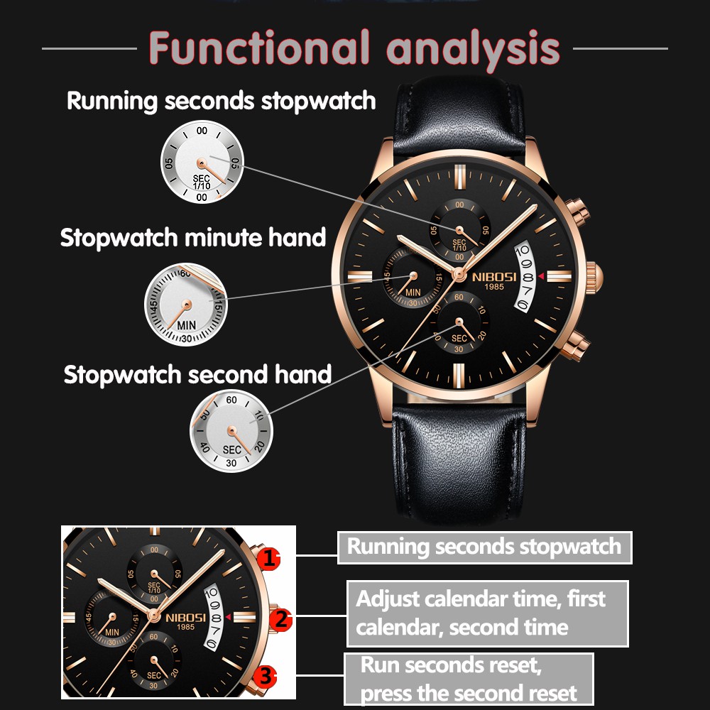 Đồng hồ nam NIBOSI Đầm giản dị Chronograph Lịch Đồng hồ chống nước Quartz với dây đeo bằng da