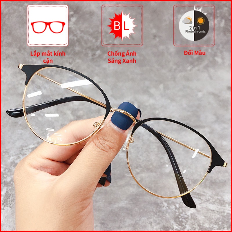 Mắt kính cận gọng kim loại VIENDO dạng tròng mắt tròn đổi màu chống ánh sáng xanh chống UV có độ 0 ~ -6.0 độ