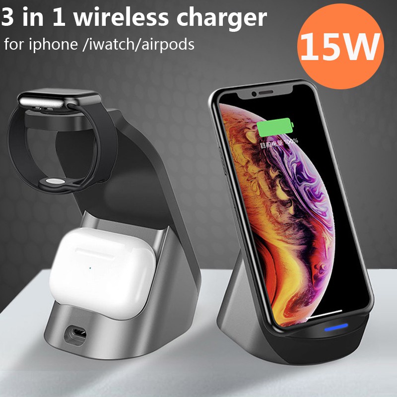 Đế Sạc Nhanh Không Dây 3 Trong 1 15W Đa Năng Cho Airpods / Apple Watch / iPhone Samsung