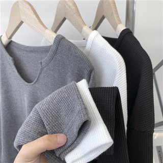  Áo thun dài tay nam nữ vải tổ ong khoét cổ form oversize đen trắng hàn quốc basic mùa thu đông