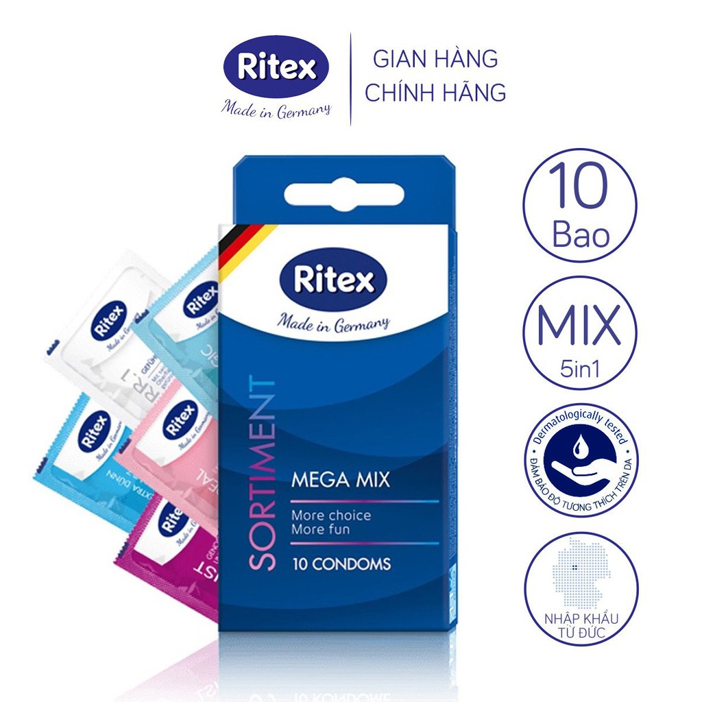 Bao cao su Ritex tăng cường khoái cảm hộp mix 5 loại hộp 10 bao - Hàng nhập khẩu chính hãng