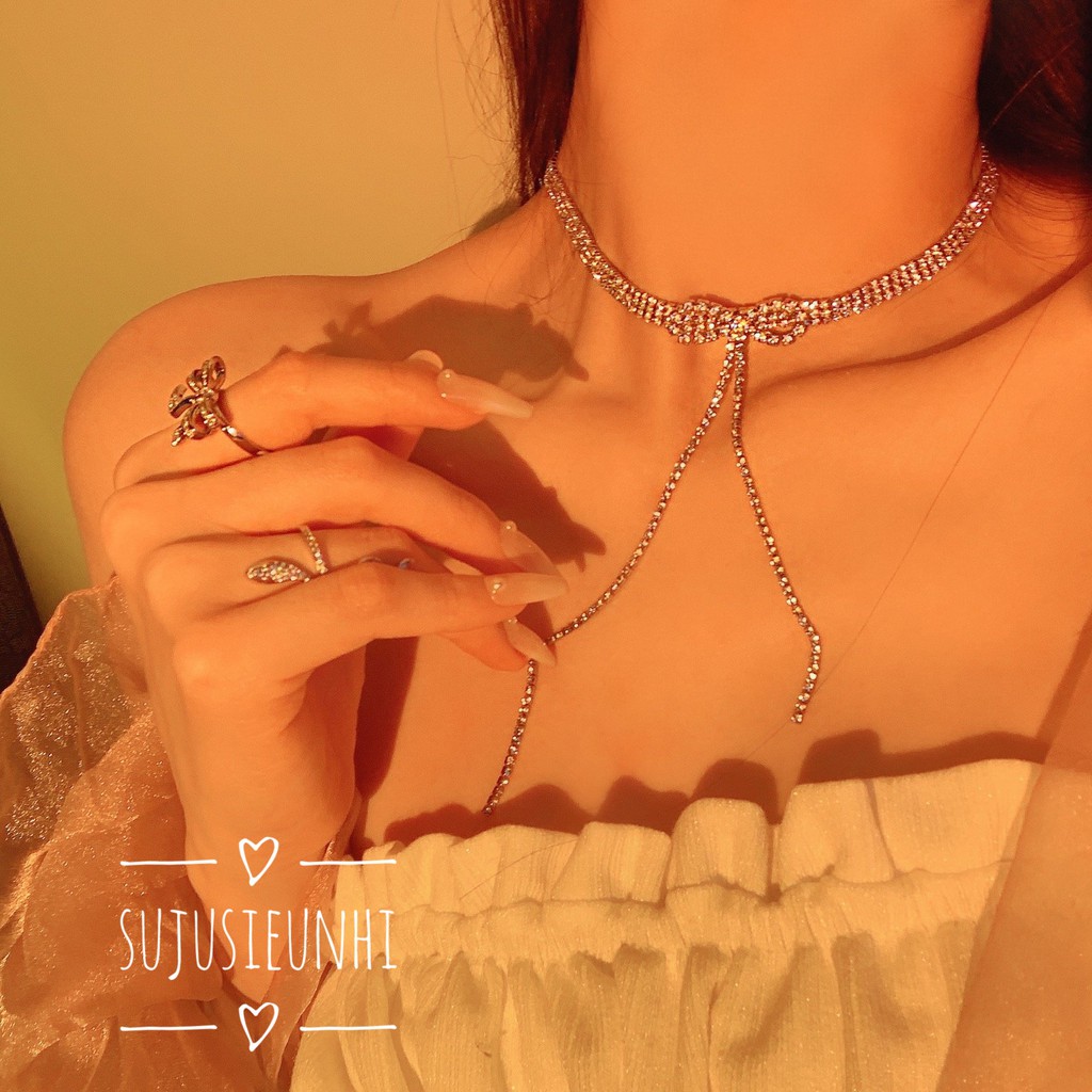 Bộ vòng cổ choker-khuyên tai nơ đính FULL ĐÁ