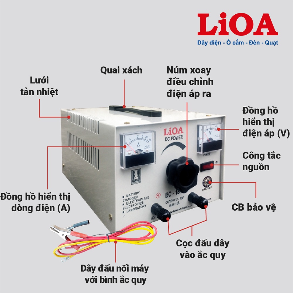 [CHÍNH HÃNG] Máy nạp ắc quy LiOA BC1815 sạc bình 12V dòng 15A cho oto, xe máy, máy xúc, máy cẩu