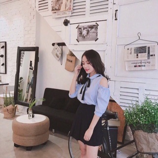 Áo sơ mi kate lụa phối nơ