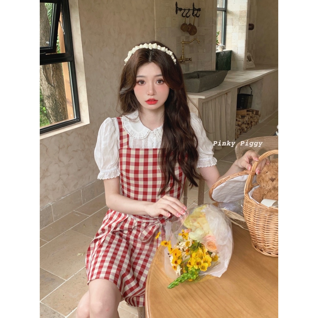Jiashucheng Bộ Áo Cổ Búp Bê Họa Tiết Sọc Caro Phối Chân Váy Hai Dây Thời Trang Mùa Hè Cho Bạn Gái