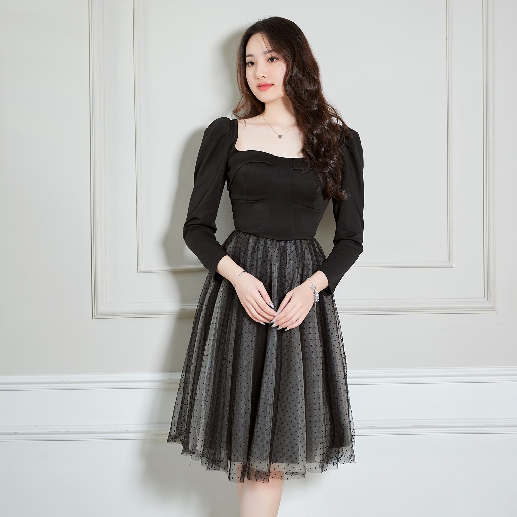 Đầm xòe LOLEM Clothing nữ cổ vuông chất umi dáng dài chân phối lưới tay dài xinh đẹp - Dx279