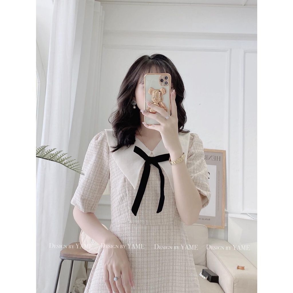 Váy dạ cổ phối voan đính nơ màu be Maya Dress