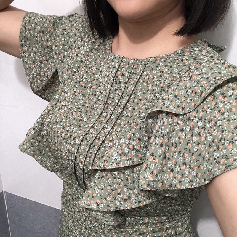 Váy hoa nhí dáng dài cổ điển vintage tay bèo 2 tầng màu pastel siu xinh (Video, ảnh thật)