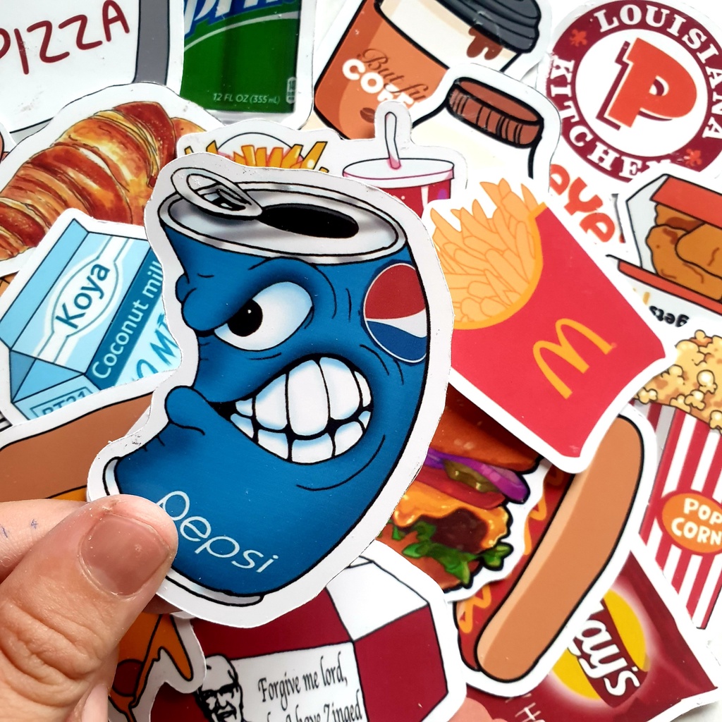 Bộ sticker chống thấm nước trang trí mũ bảo hiểm, đàn, guitar, ukulele, điện thoại laptop,hình dán chủ đề đồ ăn nhanh