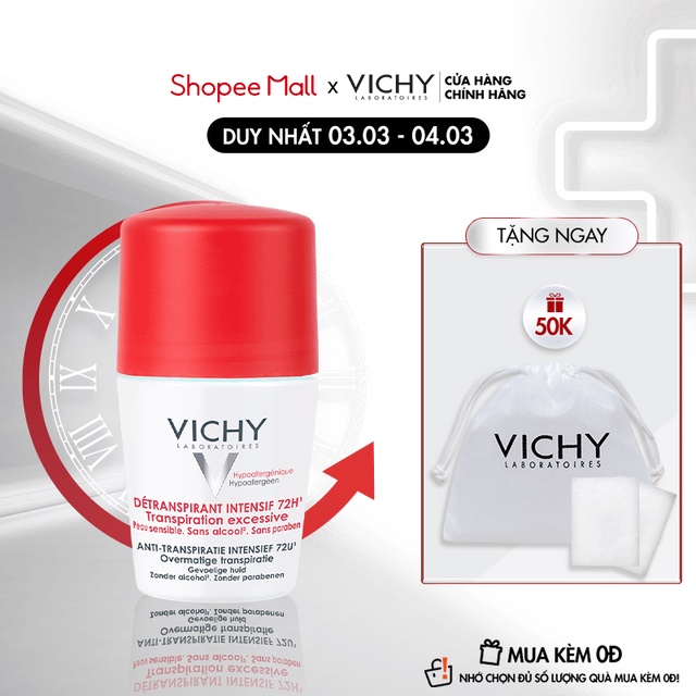 Lăn khô thoáng vùng da dưới cánh tay 72h Vichy Détranspirant Intensif 50ml