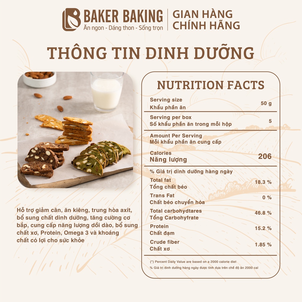 Bánh quy Biscotti ăn kiêng Baker Baking nguyên cám không đường cho mẹ bầu, người tiểu đường, healthy eatclean 100-500g