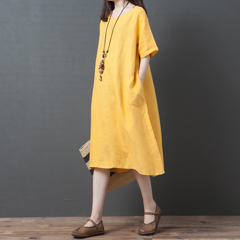 Đầm linen suông cổ tròn đai rời trẻ trung, thời trang trẻ, phong cách hàn
