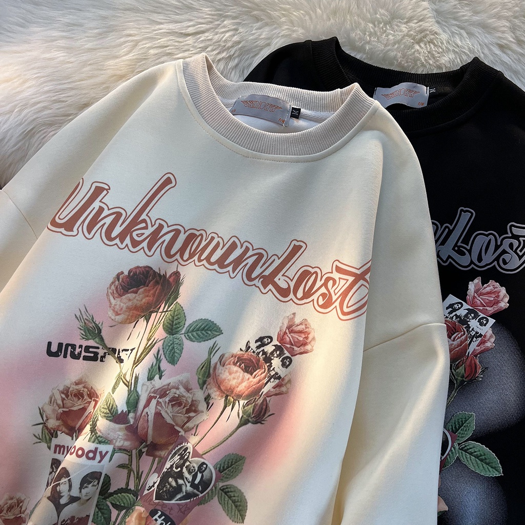 ZHELIHANGFEI Áo Sweater Tay Dài Dáng Rộng In Hình Hoa Hồng Kiểu Retro