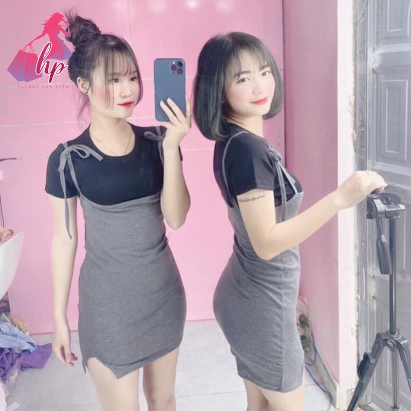 Set váy yếm cột nơ kèm áo thun ngắn tay ôm body mẫu mới 2021- VD28