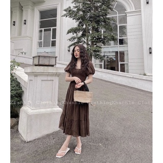 Váy maxi chun ngực tay bồng