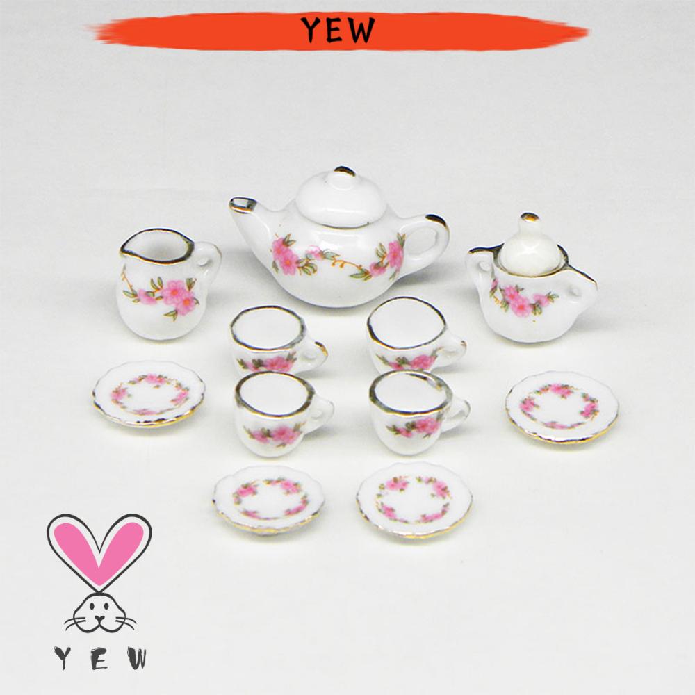 YEW 11pcs Kit Porcelain Tea Cup Set Kitchen 1/6 1/12 Miniature Dollhouse Accessories Toys with|Trim Floral Pattern Home Decoration Chic Style Dining Ware